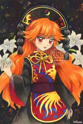 Rule 34 | 1girl, artist name, black dress, blush, commentary, crescent print, dalachi (headdress), dated, dress, flower, flower request, hashtag-only commentary, highres, junko (touhou), long hair, long sleeves, looking at viewer, maa (forsythia1729), neck ribbon, open mouth, orange hair, phoenix print, pom pom (clothes), red eyes, red tabard, ribbon, smile, solo, tabard, touhou, traditional media, twitter username, very long hair, watermark, white flower, wide sleeves, yellow ribbon