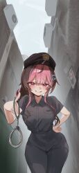 Rule 34 | 1girl, air conditioner, alley, apopo, black hat, black pants, black shirt, blue sky, blush, breasts, brown hair, collarbone, collared shirt, commentary, cuffs, day, english commentary, grin, hair ornament, hairclip, hand on own hip, handcuffs, hat, heart in eyelashes, high ponytail, highres, indie virtual youtuber, long hair, looking at viewer, moyaji (vtuber), multicolored hair, outdoors, pants, pink eyes, pink hair, police, police hat, police uniform, policewoman, ponytail, shirt, short sleeves, sky, smile, solo, streaked hair, two-tone hair, virtual youtuber