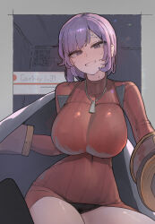 1girl artist_name azz0422 blanket blush border breasts character_name commentary courtney_(pokemon) dress gloves grey_border grin highres jewelry large_breasts long_sleeves looking_at_viewer necklace nintendo outside_border pokemon pokemon_oras purple_eyes purple_hair qr_code red_dress ribbed_dress ribbed_sweater short_hair smile solo sweat sweater sweater_dress
