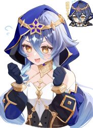 1girl bare_shoulders black_gloves blue_hair blue_hood breasts detached_sleeves drill_hair drill_sidelocks genshin_impact genshin_impact_sticker_redraw_(meme) gloves hair_between_eyes hood hood_up jewelry layla_(genshin_impact) long_hair meme open_mouth pointy_ears puffy_sleeves ruarua0819 sidelocks small_breasts solo white_background yellow_eyes
