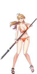1girl ahoge antenna_hair bikini breasts brown_eyes brown_hair cleavage collarbone covered_navel crossover full_body hair_between_eyes highres highschool_of_the_dead holding holding_polearm holding_spear holding_weapon large_breasts leotard long_hair miyamoto_rei navel official_art orange_bikini polearm revealing_clothes satou_shouji see-through_clothes see-through_leotard simple_background spear swimsuit taimanin_(series) taimanin_rpgx thighs weapon white_background