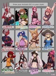 Rule 34 | 6+girls, ahoge, animal ears, bandaid, bandaid on cheek, bandaid on face, black hair, black sclera, blonde hair, blue hair, braid, brown hair, character request, chart, colored sclera, colored skin, commentary, curled horns, d-rex, dark-skinned female, dark skin, demon tail, eclair (spicymancer), english commentary, english text, fox ears, fox girl, glasses, goggles, gradient hair, green eyes, grey hair, grin, hair between eyes, highres, horns, indie virtual youtuber, khiara (personal ami), lady wolf (arbuz budesh), long hair, losse (personal ami), malyna (malberrybush), melissa belladonna, midriff, multicolored hair, multiple girls, nail (helixel), navel, nikira (rocatart), original, pink hair, pink skin, pointy ears, polearm, ponytail, quill, red hair, red skin, short hair, single braid, smile, spear, starli (character), tail, tonfa, two-tone hair, virtual youtuber, weapon, white eyes, white hair, white skin, yellow eyes