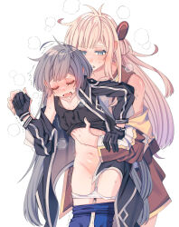 2girls black_gloves black_jacket black_tank_top blonde_hair blue_eyes blue_pants blush closed_eyes clothes_lift clothes_pull commentary_request emptyayya gloves grabbing_another&#039;s_breast grabbing_from_behind grey_hair groping highres jacket long_hair multiple_girls off_shoulder open_clothes open_jacket open_mouth panties pants pants_pull panty_pull pussy_juice saliva shirt_lift simple_background sky_striker_ace_-_raye sky_striker_ace_-_roze sweat tank_top underwear white_background white_panties yu-gi-oh! yuri