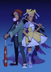 2girls aika_(kiana_mai) baseball_bat beanie blonde_hair boots crossover denim dress hat highres i_don&#039;t_want_to_be_a_magical_girl jeans knee_boots lead_pipe lolita_fashion luz_noceda magical_girl multicolored_hair multiple_girls pants star_guardian:_guardian_of_the_stars tanuki_pan the_owl_house two-tone_hair