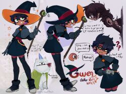 1other 2girls ? ?? @_@ absurdres angry animal_ear_legwear arm_at_side bags_under_eyes belt ben_sadfleck black_dress black_footwear black_hair black_hat brown_hair butterfly_net cape capelet cat_ear_legwear cat_ear_thighhighs cat_thighhighs character_name closed_eyes commentary confetti cowboy_shot cropped_legs dark-skinned_female dark_skin dress earrings english_commentary english_text fangs from_side full_body gloves green_cape green_eyes grey_capelet grey_gloves hair_between_eyes hand_net hand_on_own_hip hand_up hat hat_ribbon highres holding holding_staff index_finger_raised jewelry long_hair long_sleeves looking_at_another looking_at_viewer messy_hair moon_tattoo multicolored_hair multiple_girls multiple_views open_mouth orange_hat original pantyhose price_tag print_pantyhose purple_hair red_belt red_ribbon ribbon short_dress short_hair smile spanish_text sparkle staff star_ornament straight_hair twitter_username two-tone_footwear two-tone_hair two-tone_hat white_dog white_footwear wince witch_hat wizard_hat