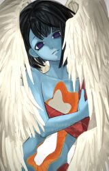 1girl angel angel_wings black_hair blue_skin blunt_bangs bob_cut collarbone colored_skin ena:_dream_bbq ena_(dream_bbq) ena_(series) ena_(species) hangover_ena highres hole_in_chest hole_in_stomach hole_on_body multicolored_skin parted_lips red_skin solo two-tone_skin usagimarumei wings