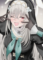1girl absurdres alternate_eye_color black_dress black_gloves black_veil blue_archive blush collar crossed_bangs double_v dress gloves green_neckerchief grey_hair highres kirisame_(101642412) long_hair looking_at_viewer neckerchief one_eye_closed open_mouth red_eyes sakurako_(blue_archive) solo teeth upper_body upper_teeth_only v veil white_collar