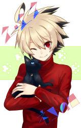 1boy ahoge animal animal_focus bad_id bad_pixiv_id black_cat black_hair blonde_hair cat holding holding_animal kido_hyde male_focus multicolored_hair one_eye_closed red_eyes smile sweater turtleneck two-tone_hair under_night_in-birth wink yusano