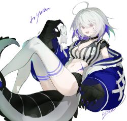 1girl :d ahoge animal_hands black_shorts blue_pupils breasts cleavage collar colored_inner_hair crescent crescent_facial_mark crop_top doodle_inset facial_mark feet_out_of_frame gift_art gloves hair_between_eyes highres holding jacket knees_up lizard_tail medium_hair multicolored_hair multicolored_jacket open_mouth orange_eyes original outstretched_hand paw_gloves puffy_sleeves scar scar_on_stomach short_shorts shorts smile solo stomach tail thighhighs two-tone_jacket white_hair white_thighhighs yoimon zettai_ryouiki