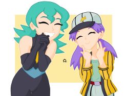 Rule 34 | 1girl, absurdres, aged down, anglin296, bare shoulders, baseball cap, baseball jersey, casey (pokemon), closed eyes, green hair, hat, highres, holding own hand, jenny (pokemon), jersey, long glove, marble (pokemon), nintendo, pokemon, pokemon (anime), pokemon (classic anime), pokemon dp059, pokemon dppt (anime), purple hair, skin tight, smile, spandex, twintails