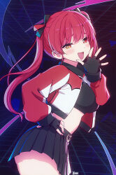 Rule 34 | 1girl, a-ka, black gloves, black shirt, black skirt, blush, breasts, commentary request, cowboy shot, crop top, cropped jacket, fang, fingerless gloves, fingernails, gloves, hand on own hip, highres, hololive, houshou marine, iii (hololive), jacket, large breasts, long fingernails, long hair, looking at viewer, midriff, miniskirt, multicolored jacket, open clothes, open jacket, open mouth, pleated skirt, red eyes, red hair, red jacket, shirt, skirt, smile, solo, tongue, twintails, two-tone jacket, virtual youtuber, white jacket, yellow eyes