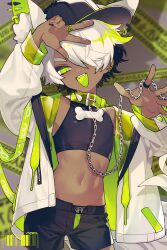 Rule 34 | 1boy, :d, animal ear fluff, animal ears, barcode, black hair, black hat, black nails, black shirt, black shorts, bone, caution tape, chain, collar, cropped shirt, dark skin, earrings, fangs, green collar, green eyes, green hair, green male underwear, grey background, hat, highres, jacket, jewelry, looking at viewer, male focus, male underwear, midriff, multicolored hair, navel, open mouth, original, ozureiji, piercing, ring, shirt, shorts, smile, solo, spiked collar, spikes, teeth, tongue, two-tone hair, underwear, white hair, white jacket
