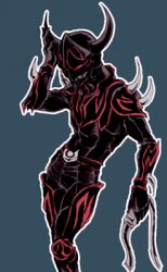 1boy armor bad_id bad_pixiv_id belt black_armor bodysuit grin hand_on_own_horn holding holding_belt jinta kamen_rider kamen_rider_den-o_(series) male_focus monster monster_boy negataros oni outline red_eyes resized simple_background smile upscaled waifu2x white_outline