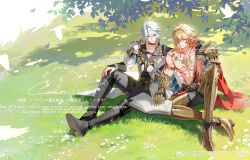 Rule 34 | 2boys, abs, absurdres, antenna hair, arm tattoo, armlet, armor, armored boots, black boots, black choker, black coat, black pants, black shirt, blonde hair, blue eyes, boots, braid, chest tattoo, chinese commentary, choker, clawed gauntlets, coat, commentary request, commission, earrings, facial tattoo, gold earrings, gold necklace, gradient hair, hair between eyes, highres, honkai: star rail, honkai (series), jewelry, knee boots, male focus, medium hair, multicolored hair, multiple boys, mydei (honkai: star rail), necklace, on grass, open clothes, open coat, pants, parted bangs, pauldrons, phainon (honkai: star rail), red hair, red tattoo, shirt, short hair, shoulder armor, side braid, single pauldron, sitting, suirandanshihao, tattoo, toned, toned male, watermark, weibo watermark, white coat, white hair, yellow eyes