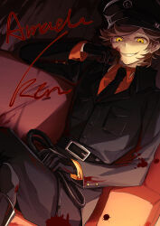 absurdres aged_up amada_ken black_boots black_gloves black_jacket black_necktie black_pants blood blood_on_face boots breast_pocket brown_hair collared_shirt copyright_name crossed_legs dress_shirt eca_leaf evil_grin evil_smile gloves glowing glowing_eyes grin hat highres holding holding_leash jacket leash leather leather_boots necktie orange_shirt pants peaked_cap persona persona_3 pocket shirt smile wiping_blood yellow_eyes