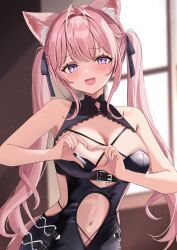 1girl absurdres animal_ears black_dress black_ribbon blush breasts cleavage dress fingernails hair_ribbon hakui_koyori hakui_koyori_(dark_maid) heart heart_hands highres hololive indoors large_breasts light_particles looking_at_viewer medium_hair nail_polish navel open_mouth pink_hair purple_eyes purple_nails ribbon smile solo stomach twintails virtual_youtuber window wolf_ears wolf_girl ysnhryk