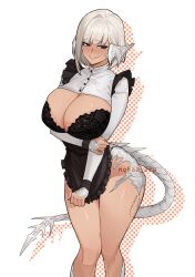 1girl absurdres artist_name black_bra blush borrowed_character bra breasts cleavage commission highres lace lace_bra large_breasts long_sleeves nokaa_aru original parted_lips shiny_skin short_hair tail underwear white_hair