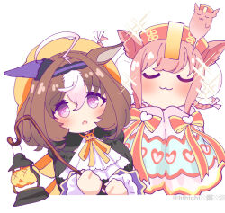Rule 34 | 2girls, @ @, agnes digital (lovely jiangshi) (umamusume), agnes digital (umamusume), animal ears, ascot, black dress, blush, brown hair, chibi, closed eyes, dress, ears down, giving up the ghost, hairband, hat, hihiqhi, holding, holding staff, horse ears, lantern, meisho doto (dot-o&#039;-lantern) (umamusume), meisho doto (umamusume), multiple girls, ofuda, orange hat, pink hair, purple eyes, sleeves past fingers, sleeves past wrists, sparkle, staff, twitter username, umamusume, upper body, watermark, white background