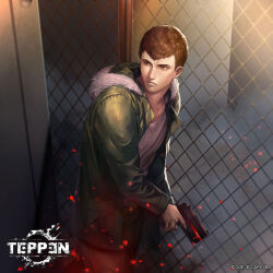 1boy ark_thompson brown_eyes brown_hair capcom english_text green_jacket grey_shirt gun handgun highres jacket official_art peperon_(peperou) pistol resident_evil resident_evil_survivor shirt short_hair teppen weapon