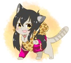 animal animal_focus animal_print animalization black_hair cat clothed_animal fang heart heart_necklace hutaba idolmaster idolmaster_cinderella_girls jewelry leopard_print long_hair looking_at_viewer matoba_risa necklace no_humans open_mouth skin_fang smile twintails yellow_eyes