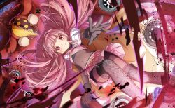 1girl artist_request belt belt_buckle black_boots black_gloves black_shirt black_shorts blunt_bangs bodystocking boots buckle cloak closed_mouth covered_navel doppel_(madoka_magica) dot_nose dual_persona feet_out_of_frame floating_clothes floating_hair from_below game_cg giovanna_(madoka_magica) gloves gold_buckle gold_ring happy highres hood hood_down hooded_cloak kneehighs lace-up_boots light_blush long_hair magia_record:_mahou_shoujo_madoka_magica_gaiden mahou_shoujo_madoka_magica mahou_shoujo_madoka_magica_magia_exedra miniskirt official_art outstretched_arm petals pink_belt pink_eyes pink_hair pink_skirt pleated_skirt pom_pom_(clothes) shirt shorts shorts_under_skirt sidelocks skirt smile socks studded_belt tamaki_iroha thigh_boots third-party_source turtleneck turtleneck_shirt very_long_hair white_cloak witch_(madoka_magica)