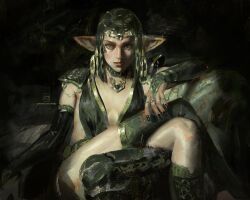 1girl artist_name black_nails closed_mouth commentary crossed_legs elf english_commentary jewelry mole necklace original painterly pointy_ears ring sebijy solo watermark web_address
