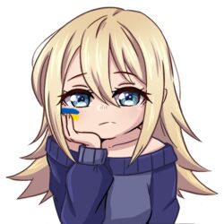 1girl black_choker blonde_hair blue_eyes blush choker facepaint frown hair_between_eyes hand_rest head_rest henna_(hentaiukr) hentaiukr korzynka_persykiv long_hair looking_at_viewer non-web_source off_shoulder own_hands_clasped own_hands_together purple_sweater sad solo sticker sweater transparent_background ukrainian_flag