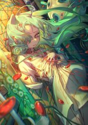 1girl bleeding blood dress expressionless flat_chest floating_hair green_hair highres injury long_hair looking_at_viewer orange_eyes original science_fiction solo soono_(rlagpfl) test_tube white_dress zero_gravity