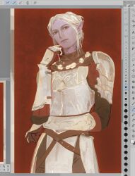 1girl arm_across_waist armor art_program_in_frame baldur&#039;s_gate baldur&#039;s_gate_3 blonde_hair breastplate cowboy_shot dark_elf dungeons_&amp;_dragons dungeons_&amp;_dragons elf hand_up highres jiangxing looking_at_viewer minthara neck_tattoo pauldrons pointy_ears red_background red_eyes short_hair shoulder_armor solo standing tattoo