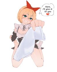 1girl absurdres babywipes barefoot blonde_hair blue_eyes blush feet giving grin highres looking_at_viewer maid medium_hair petra_leyte re:zero_kara_hajimeru_isekai_seikatsu smile socks soles toes unworn_socks white_socks