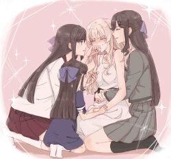 Rule 34 | 4girls, aged down, black ribbon, black socks, blonde hair, blue dress, blush, border, bow, brown hair, chinese commentary, covering own mouth, curled fingers, curtained hair, dress, face-to-face, facing another, front-to-back, grey jacket, grey skirt, hair bow, hair ornament, hand on another&#039;s hand, hand on own thigh, hug, hug from behind, invisible floor, jacket, kneehighs, kneeling, lamey20555281, leaning forward, long hair, looking at another, miniskirt, multiple girls, multiple persona, nervous sweating, no shoes, nose blush, on floor, own hands together, parted lips, pink background, pleated skirt, purple bow, ribbon, ribbon-trimmed sleeves, ribbon trim, saijou claudine, school uniform, seishou music academy uniform, seiza, short sleeves, shoujo kageki revue starlight, sitting, sitting on person, skirt, sleeveless, sleeveless dress, smile, socks, sparkle background, straight hair, surrounded, sweat, tendou maya, time paradox, vignetting, wavy sidelocks, white border, white dress, white jacket, white socks, x hair ornament, yuri