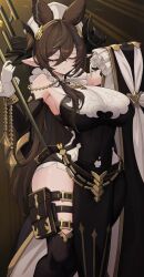 1girl absurdres bare_shoulders black_dress blue_hair breasts brown_background brown_hair closed_eyes cowboy_shot curvy dress eyelashes galleon_(granblue_fantasy) gloves granblue_fantasy granblue_fantasy_versus:_rising highres huge_breasts multicolored_hair pointy_ears scand_draw simple_background solo streaked_hair thighs two-tone_hair white_gloves wide_hips