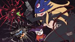 Rule 34 | 1boy, 1girl, beelstarmon, belt, breasts, digimon, digimon (creature), gundramon, highres, impmon, long hair, magnakidmon, mask, third eye, tongue, tongue out, underboob