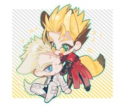 2boys animal_ears banno_(160x2m) black_shirt blonde_hair blue_eyes border brothers chibi chibi_only coat commission cropped_jacket earrings ears_down gradient_background green_eyes green_outline hand_on_another&#039;s_shoulder highres jacket jewelry kemonomimi_mode light_frown millions_knives motion_lines multicolored_hair multiple_boys orange-tinted_eyewear outline outside_border parted_bangs prosthesis prosthetic_arm red_coat round_eyewear shirt short_hair siblings single_earring smile striped_background sweatdrop tinted_eyewear tongue tongue_out trigun trigun_maximum twins two-tone_hair vash_the_stampede white_border white_jacket