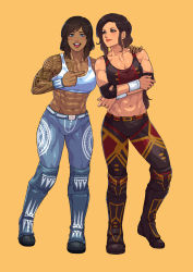 2girls abs absurdres asami_sato avatar_legends belt black_footwear blue_eyes blue_hair blue_pants boots breasts brown_footwear cirenk crop_top dark-skinned_female dark_skin elbow_pads full_body green_eyes halterneck highres korra medium_breasts medium_hair midriff multicolored_clothes multiple_girls muscular muscular_female navel pants shin_guards shirt shoulder_tattoo sidelocks sports_bra swept_bangs tan tattoo the_legend_of_korra wrestling_outfit yellow_background