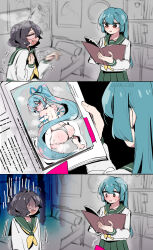 2girls absurdres ahoge an_sin ass back bed bedroom black_hair blue_bow blue_hair blush book bookshelf bow clenched_teeth commentary detached_sleeves embarrassed fang fundoshi green_sailor_collar green_skirt hair_bow head_steam high_ponytail highres hiiragi_utena holding holding_book indoors japanese_clothes lightning_ahoge long_hair long_sleeves looking_at_viewer looking_back magia_azure magia_azure_(la_verita) mahou_shoujo_ni_akogarete minakami_sayo monochrome_background motion_blur multiple_girls neckerchief no_eyes nose_blush open_book open_mouth photo_(object) pillow pleated_skirt ponytail pornography poster_(object) red_eyes sailor_collar sailor_shirt school_uniform self-pornography serafuku shirt short_hair skirt sleeve_cuffs sleeves_past_fingers sleeves_past_wrists soles spread_legs squatting sweatdrop teeth tiptoes topless_female turn_pale twitter_username very_long_sleeves white_sleeves wide-eyed yellow_neckerchief yuri