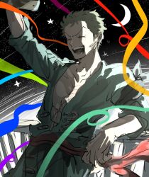 1boy ^_^ bandana bandana_around_arm black_bandana closed_eyes commentary_request cowboy_shot earrings green_kimono highres japanese_clothes jewelry kaede_2142 kimono male_focus one_piece red_sash roronoa_zoro sash scar scar_across_eye scar_on_chest scar_on_face short_hair smile solo star_(sky) v-shaped_eyebrows
