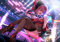 1girl :d absurdres arena ascot audience bare_shoulders bicorne bodystocking boots breasts cleavage commentary crossed_legs crowd drum drum_set fang gloves glowstick hat heterochromia hido_(cherryhido) highres holding holding_microphone hololive houshou_marine houshou_marine_(1st_costume) idol instrument large_breasts legs lights long_hair looking_at_viewer microphone off_shoulder open_mouth pirate_hat red_hair revision sitting smile solo sparks stage stage_lights thighhighs thighs twintails virtual_youtuber white_gloves