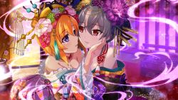 2girls blue_eyes breasts brown_eyes cleavage eye_contact floral_print floral_print_kimono flower frilled_kimono frills game_cg grey_hair hair_flower hair_ornament hair_up hand_on_own_cheek hand_on_own_face highres higurashi_no_naku_koro_ni higurashi_no_naku_koro_ni_mei indoors japanese_clothes kanzashi kimiyoshi_kazuho kimono lens_flare looking_at_another multiple_girls non-web_source official_art oiran orange_hair parted_lips print_kimono red_carpet ryuuguu_rena short_hair sitting smoke sparkle tatami wide_sleeves yuri