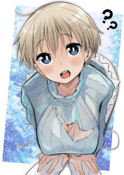 Rule 34 | 1girl, :d, ?, blonde hair, blue background, blue eyes, blue sweater, blush, border, bra, brave witches, breasts, cleavage, hair between eyes, hands on own thighs, highres, lace, lace-trimmed bra, lace trim, large breasts, leaning forward, leggings, long sleeves, looking at viewer, nikka edvardine katajainen, open mouth, pegina, ribbed sweater, short hair, smile, snowflake print, solo, strike witches, sweater, teeth, torn clothes, torn sweater, turtleneck, underwear, upper body, upper teeth only, white border, white bra, white leggings, world witches series