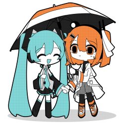 2girls ^_^ a.i._voice absurdres adachi_rei aqua_hair aqua_necktie black_boots black_pantyhose black_skirt black_sleeves boots chiori_(_chio_ri) closed_eyes closed_mouth detached_sleeves grey_shirt grey_skirt hair_ribbon hashtag-only_commentary hatsune_miku highres holding holding_hands holding_umbrella jacket long_hair miniskirt multiple_boys multiple_girls necktie one_side_up open_mouth orange_eyes orange_hair pantyhose pleated_skirt ribbon shared_umbrella shirt shoes skirt sleeveless sleeveless_shirt smile standing twintails umbrella utau very_long_hair vocaloid white_jacket white_ribbon white_shoes