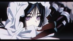 1girl 1other alien alien_stage black_hair bonnet closed_mouth frilled_bonnet frills highres kyon_(zmwh8222) letterboxed looking_at_viewer nigeh_(alien_stage) purple_eyes signature solo_focus sua_(alien_stage) white_bonnet