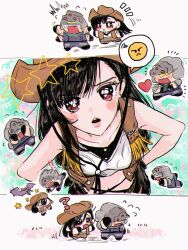 ! !! 1boy 1girl ? ^^^ aged_down armor bare_shoulders black_gloves black_hair blonde_hair blue_jacket blush blush_stickers breasts brown_hat brown_vest chibi chibi_inset cloud_strife collarbone commentary_request covered_eyes covering_face cowboy_hat crisis_core_final_fantasy_vii crop_top earrings final_fantasy final_fantasy_vii final_fantasy_vii_rebirth final_fantasy_vii_remake flying_sweatdrops full_body gloves hands_on_own_hips hat heart helmet highres jacket jewelry leaning_forward long_hair looking_at_another looking_at_viewer medium_breasts midriff monster motion_lines multiple_views official_alternate_costume open_mouth pink_lips pov protecting red_eyes shinra_infantry shinra_infantry_uniform shoulder_armor single_earring spoken_emoji squiggle star_(symbol) surprised tifa_lockhart tifa_lockhart_(cowgirl) uni_u1 upper_body vest