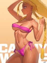 Rule 34 | 1girl, adjusting clothes, adjusting hair, adjusting headwear, arm up, bikini, blonde hair, blue eyes, braid, breasts, cammy white, character name, collarbone, cowboy shot, facial scar, hat, hichi, highres, looking ahead, medium breasts, midriff, navel, official alternate costume, pink bikini, profile, scar, scar on cheek, scar on face, side-tie bikini bottom, solo, strapless, strapless bikini, straw hat, street fighter, street fighter 6, sweat, swimsuit, tan, tanline, twin braids