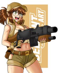1girl absurdres artist_name bare_shoulders belmont_art belt belt_buckle breasts brown_belt brown_gloves brown_hair brown_hat brown_shorts brown_vest buckle cleavage commentary cowboy_shot crop_top english_commentary field_cap finger_on_trigger fingerless_gloves fio_germi glasses gloves green_eyes gun hat highres hip_vent holding holding_gun holding_weapon large_breasts metal_slug midriff navel open_clothes open_mouth open_vest ponytail short_shorts shorts sidelocks solo sweat tank_top teeth two-handed two-tone_background vest weapon white_background white_tank_top yellow_background