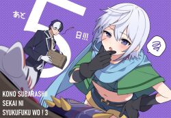 Rule 34 | 1boy, 1girl, black gloves, black suit, blue scarf, blue shorts, capelet, chris (konosuba), copyright name, cropped shirt, facial scar, formal clothes, gloves, green capelet, hand to own mouth, kono subarashii sekai ni shukufuku wo!, leaning forward, mask, mishima kurone, musical note, navel, open mouth, purple eyes, scar, scar on cheek, scar on face, scarf, short hair, shorts, speech bubble, suit, thought bubble, vanir