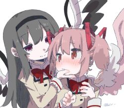 Rule 34 | 2girls, akemi homura, black hair, black hairband, blush, bow, bowtie, buivi, closed mouth, hairband, hand on another&#039;s face, highres, juliet sleeves, kaname madoka, long hair, long sleeves, looking at another, mahou shoujo madoka magica, mahou shoujo madoka magica (anime), mitakihara school uniform, multiple girls, pink eyes, pink hair, puffy sleeves, purple eyes, red bow, red bowtie, school uniform, shirt, simple background, smile, twintails, twitter username, upper body, white background, yellow shirt, yuri
