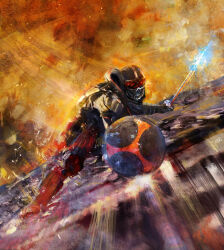 absurdres amestris_military_uniform bodysuit bulletproof_vest coat explosion gloves goggles helmet highres holding holding_shield holding_sword holding_weapon holster marvel marvel_snap mask military_uniform official_art shield smoke superhero_costume sword taskmaster teeth viktor_farro weapon