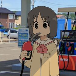 1girl artist_name black_eyes black_hair brown_jacket commentary english_commentary fueling gas_pump_nozzle gas_station highres holding jacket neckerchief nichijou photo_background red_neckerchief road robot_girl sailor_collar school_uniform serafuku shinonome_nano short_hair solo street the_freakin_yui tokisadame_school_uniform upper_body white_sailor_collar winding_key