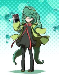 Rule 34 | 1girl, black dress, book, boots, chuuou higashiguchi, cthulhu mythos, dress, flat chest, full body, green eyes, green jacket, hair over one eye, highres, holding, holding book, jacket, looking at viewer, monster girl, open clothes, open jacket, smile, solo, tentacle hair